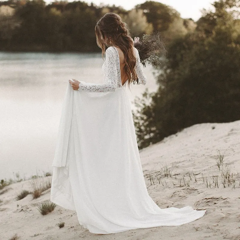 V Neck Open Back Bridal Dresses Chiffon Princess Lace