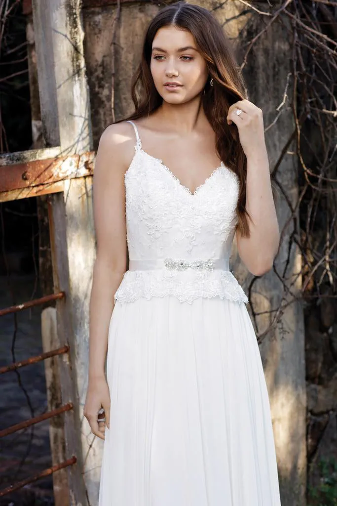 V-Neck Spaghetti Floor-Length Chiffon Wedding Dress With Appliques And Deep-V Back