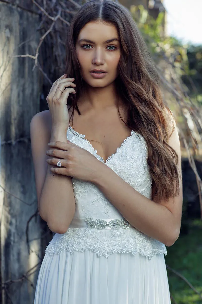 V-Neck Spaghetti Floor-Length Chiffon Wedding Dress With Appliques And Deep-V Back