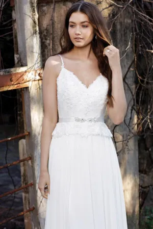 V-Neck Spaghetti Floor-Length Chiffon Wedding Dress With Appliques And Deep-V Back