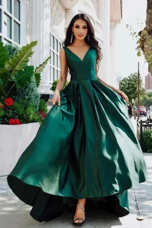 V-neckline Dark Green Prom Dresses with Satin Skirt
