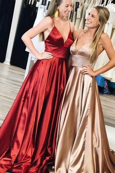 V-neckline Prom Long Party Dress with Spaghetti Straps