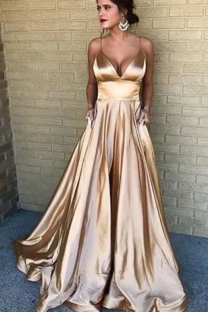 V-neckline Prom Long Party Dress with Spaghetti Straps
