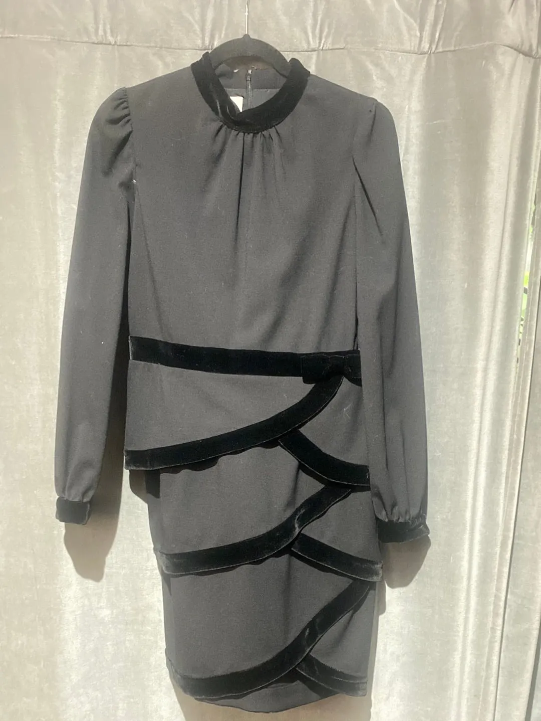 VALENTINO Black Mock Neck Long Sleeve Mini Dress with Layered Velvet Trim