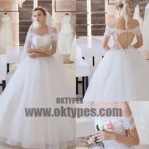 Vantage Off Shoulder Short Sleeve Lace Top Open Back Tulle Wedding Dresses, TYP0520