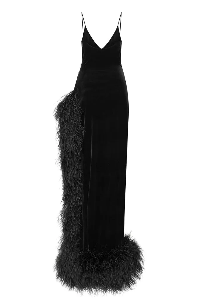 Velvet dress with ostrich feathers    Maison D'Angel Ann