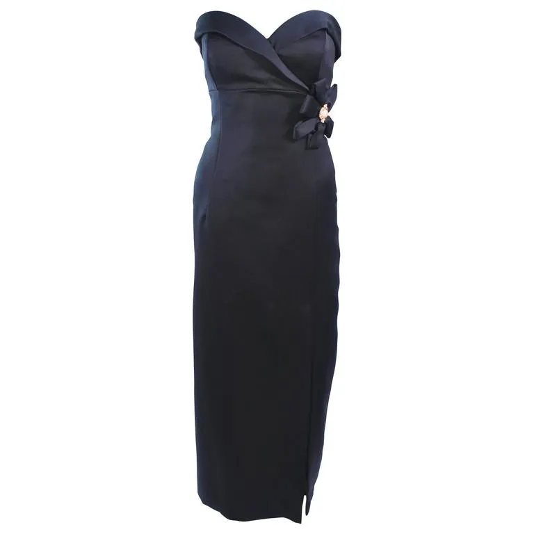 VICTOR COSTA Black Satin Gown with Side Bow Detail Size 6-8