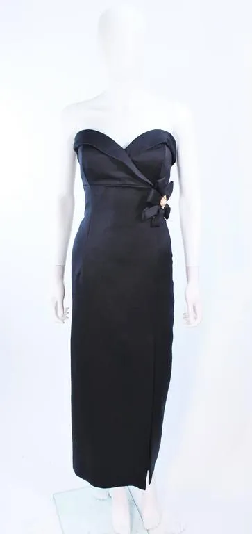 VICTOR COSTA Black Satin Gown with Side Bow Detail Size 6-8