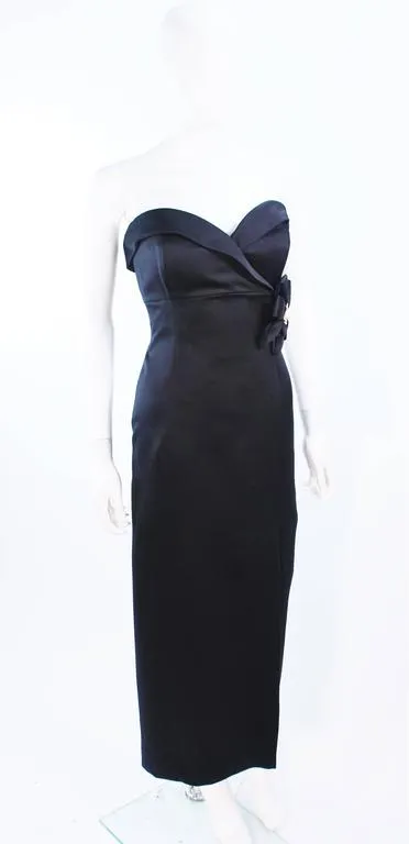 VICTOR COSTA Black Satin Gown with Side Bow Detail Size 6-8