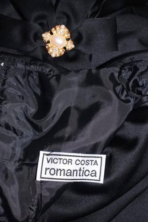 VICTOR COSTA Black Satin Gown with Side Bow Detail Size 6-8