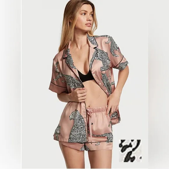Victoria's Secret Satin Short Pajama Set Evening Blush Leopards XXL