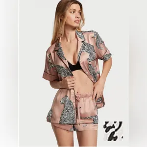 Victoria's Secret Satin Short Pajama Set Evening Blush Leopards XXL