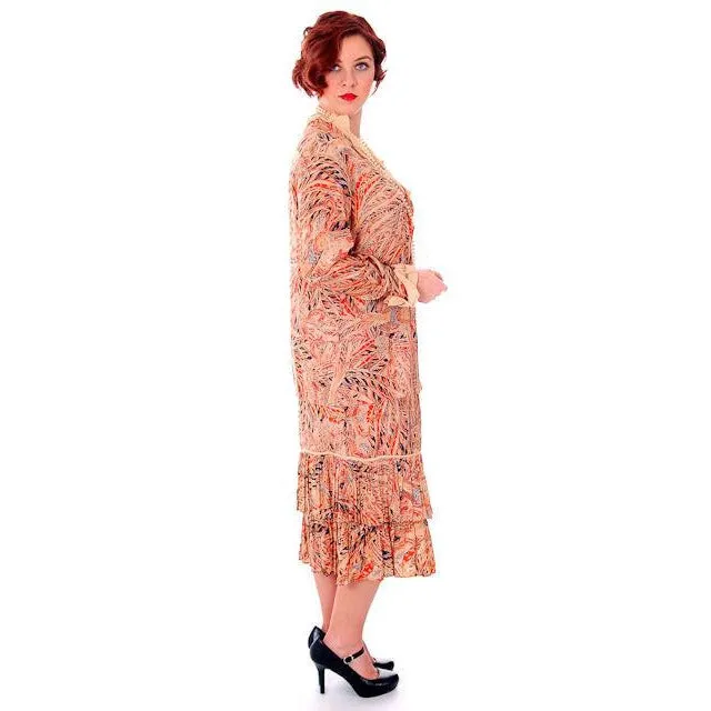 Vintage 1920s Flapper Dress Silk Printed 44 Bust  Pheasants Birds & Feathers Print