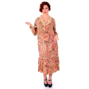 Vintage 1920s Flapper Dress Silk Printed 44 Bust  Pheasants Birds & Feathers Print