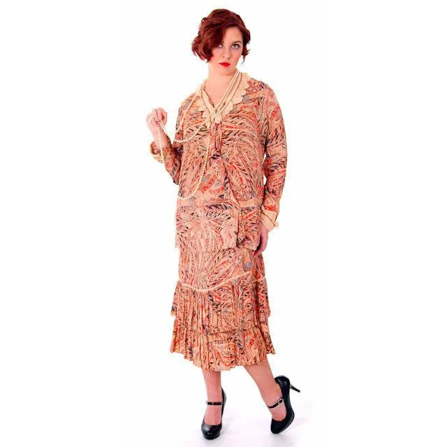 Vintage 1920s Flapper Dress Silk Printed 44 Bust  Pheasants Birds & Feathers Print