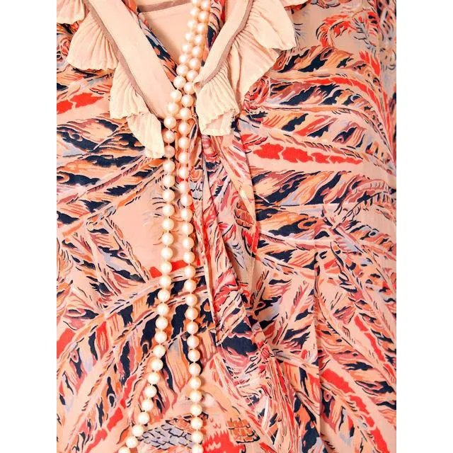 Vintage 1920s Flapper Dress Silk Printed 44 Bust  Pheasants Birds & Feathers Print