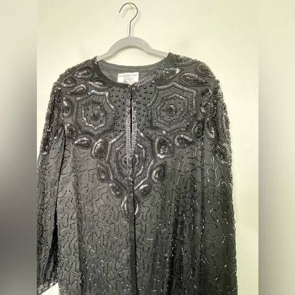 Vintage Adrianna Papell Black 100% Silk Beaded Sequin Evening Jacket XL Flapper