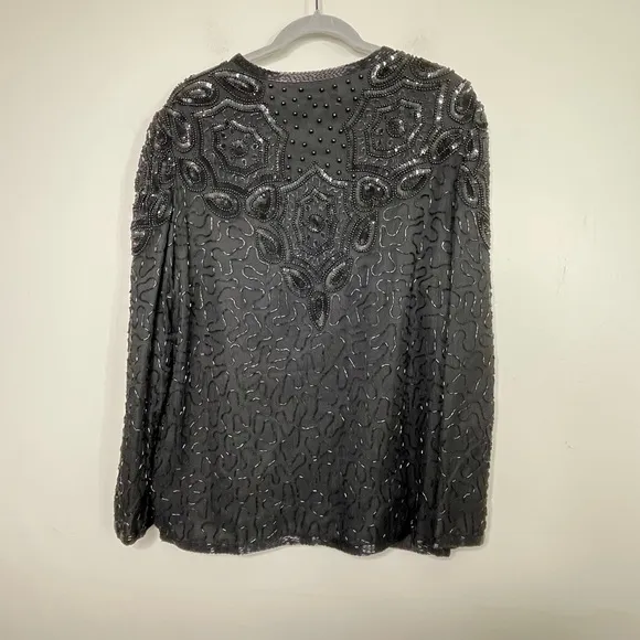Vintage Adrianna Papell Black 100% Silk Beaded Sequin Evening Jacket XL Flapper