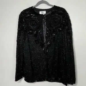 Vintage Adrianna Papell Black 100% Silk Beaded Sequin Evening Jacket XL Flapper
