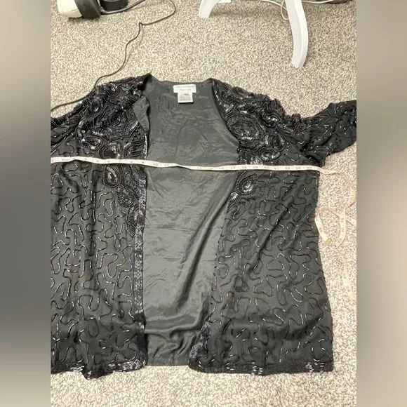 Vintage Adrianna Papell Black 100% Silk Beaded Sequin Evening Jacket XL Flapper