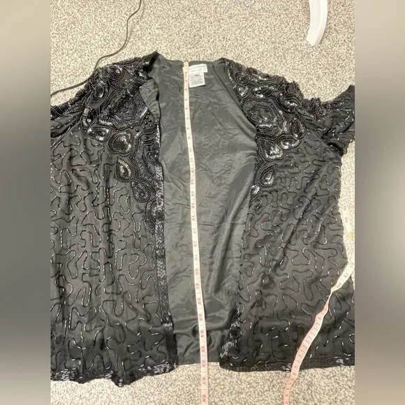 Vintage Adrianna Papell Black 100% Silk Beaded Sequin Evening Jacket XL Flapper
