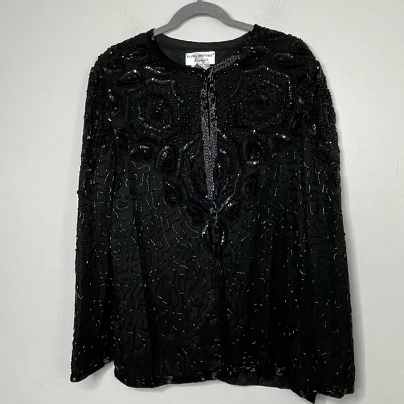 Vintage Adrianna Papell Black 100% Silk Beaded Sequin Evening Jacket XL Flapper