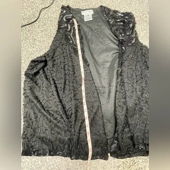 Vintage Adrianna Papell Black 100% Silk Beaded Sequin Evening Jacket XL Flapper