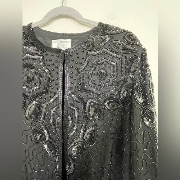 Vintage Adrianna Papell Black 100% Silk Beaded Sequin Evening Jacket XL Flapper
