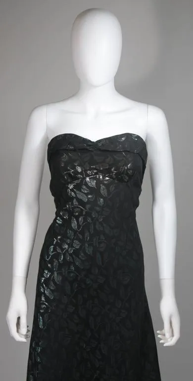VINTAGE Black Gown, Metallic Green & Blue Leaf Pattern