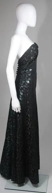 VINTAGE Black Gown, Metallic Green & Blue Leaf Pattern