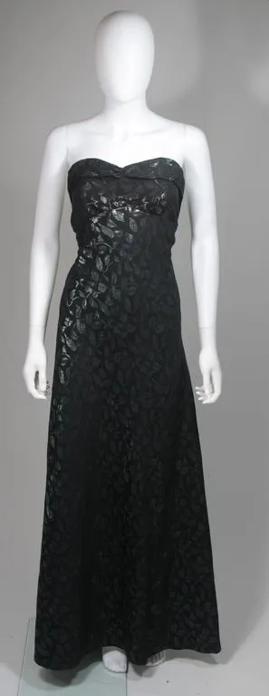VINTAGE Black Gown, Metallic Green & Blue Leaf Pattern