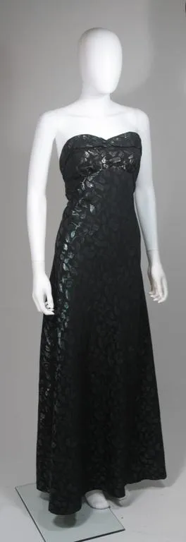 VINTAGE Black Gown, Metallic Green & Blue Leaf Pattern