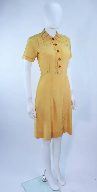 VINTAGE Circa 1940s Yellow Silk Day Dress with Lace Inserts Size 2