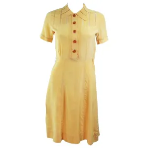 VINTAGE Circa 1940s Yellow Silk Day Dress with Lace Inserts Size 2