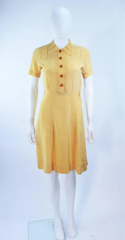 VINTAGE Circa 1940s Yellow Silk Day Dress with Lace Inserts Size 2