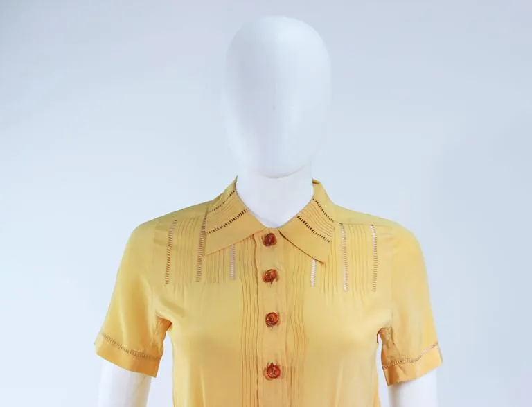 VINTAGE Circa 1940s Yellow Silk Day Dress with Lace Inserts Size 2