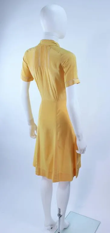 VINTAGE Circa 1940s Yellow Silk Day Dress with Lace Inserts Size 2