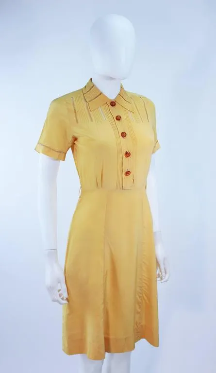 VINTAGE Circa 1940s Yellow Silk Day Dress with Lace Inserts Size 2