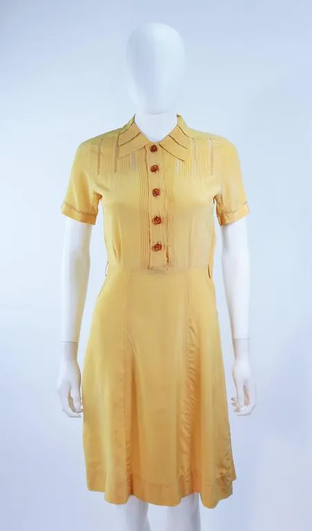 VINTAGE Circa 1940s Yellow Silk Day Dress with Lace Inserts Size 2