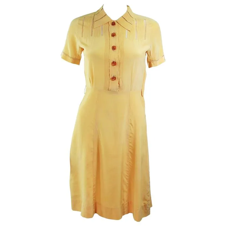 VINTAGE Circa 1940s Yellow Silk Day Dress with Lace Inserts Size 2