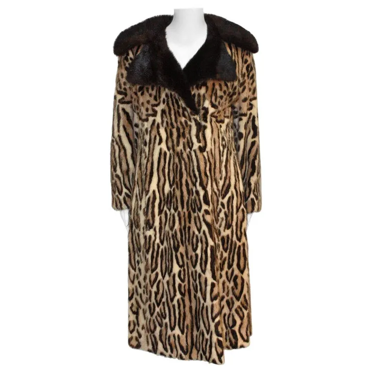 VINTAGE Circa 1970s Leopard Motif Mink Coat, Dark Mink Collar Size 6-8
