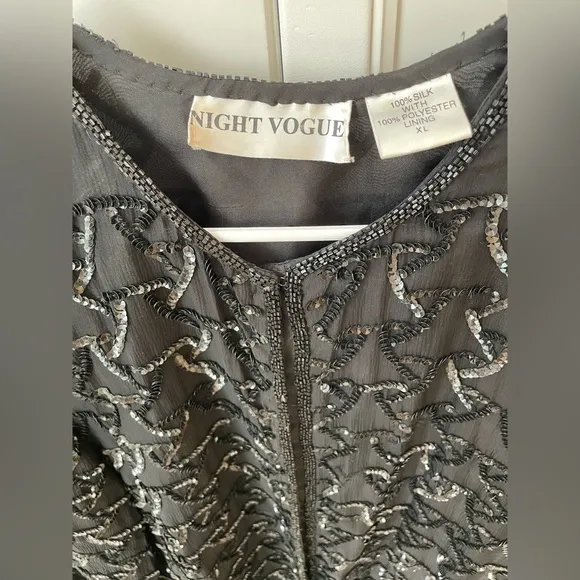 Vintage Night Vogue XL black beaded cardigan evening jacket 100% silk cocktail