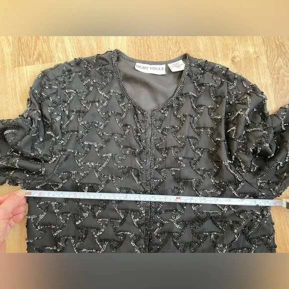 Vintage Night Vogue XL black beaded cardigan evening jacket 100% silk cocktail