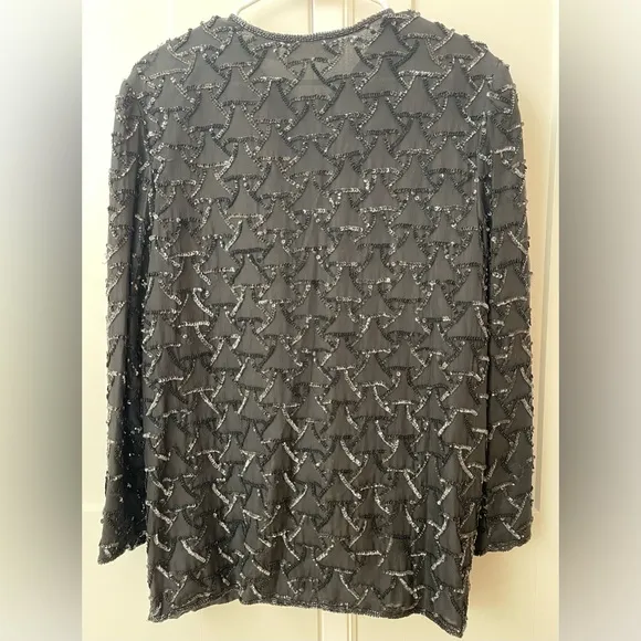 Vintage Night Vogue XL black beaded cardigan evening jacket 100% silk cocktail
