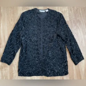 Vintage Night Vogue XL black beaded cardigan evening jacket 100% silk cocktail