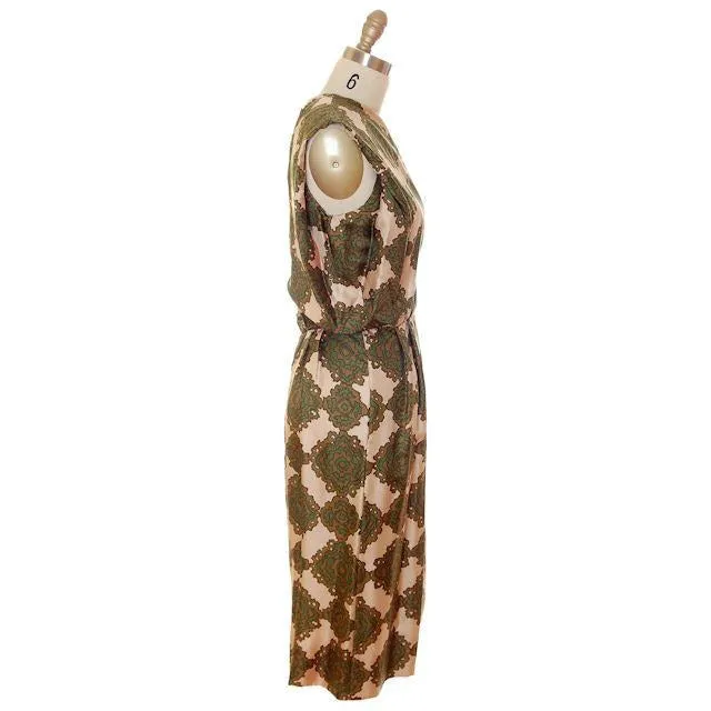 Vintage Silk Printed Dress 1960s Olive Green/Beige Pencil Skirt Small-Med
