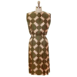 Vintage Silk Printed Dress 1960s Olive Green/Beige Pencil Skirt Small-Med