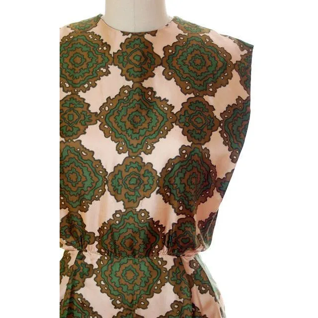 Vintage Silk Printed Dress 1960s Olive Green/Beige Pencil Skirt Small-Med