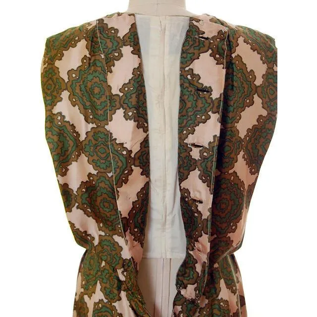 Vintage Silk Printed Dress 1960s Olive Green/Beige Pencil Skirt Small-Med