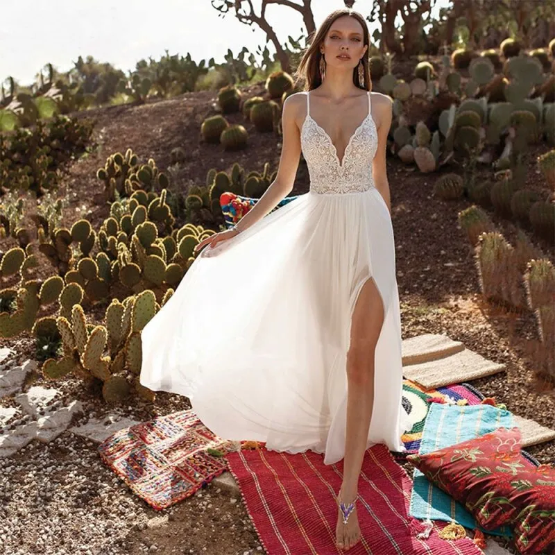 Wedding Dress Chiffon Spaghetti Straps Beach Bridal Gown